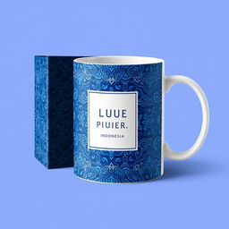 Create a packaging design for a mug inspired by batik from Indonesia, with a focus on blue color