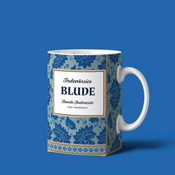 Create a packaging design for a mug inspired by batik from Indonesia, with a focus on blue color