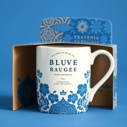 Create a packaging design for a mug inspired by batik from Indonesia, with a focus on blue color