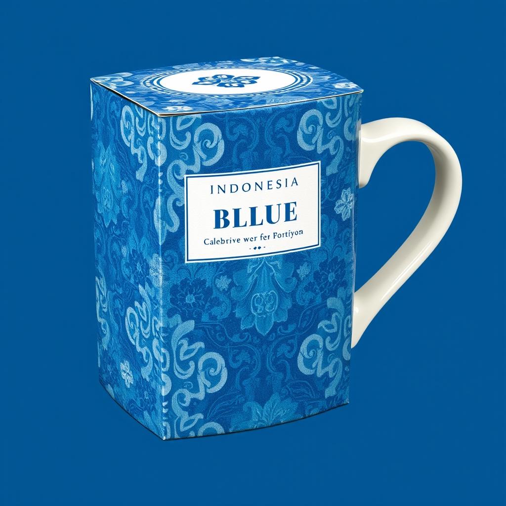 Create a packaging design for a mug inspired by batik from Indonesia, with a focus on blue color