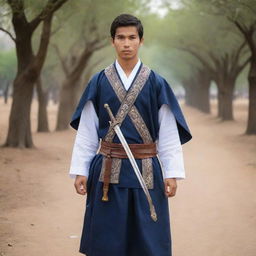 A handsome young scholar in traditional clothing, carrying a sword, ready for battle, embodying both wisdom in his faith and courage in the face of conflict.