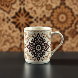 Create a packaging design for a mug inspired by batik from Indonesia, with a focus on cream color