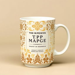 Create a packaging design for a mug inspired by batik from Indonesia, with a focus on cream color