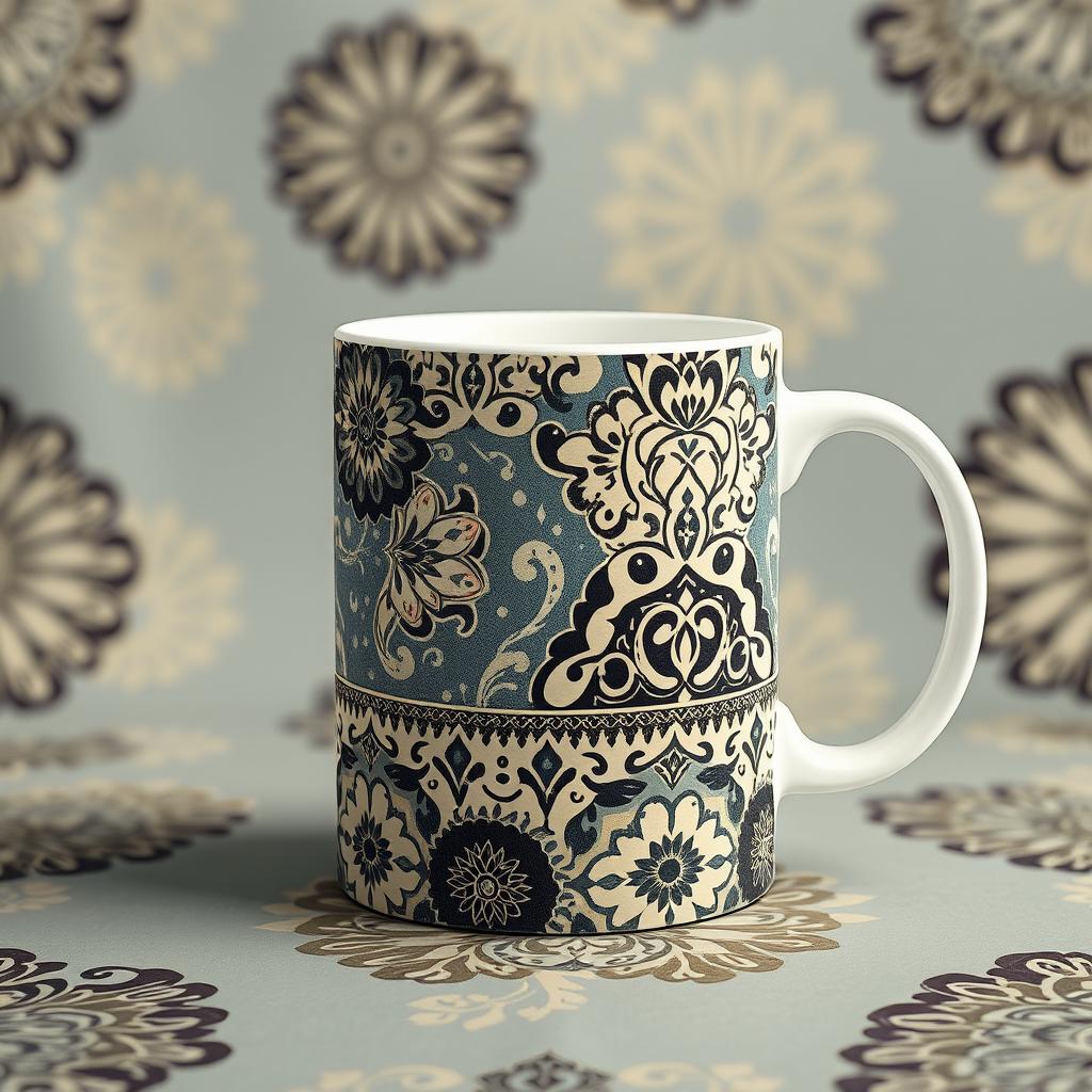 Create a packaging design for a mug inspired by batik from Indonesia, with a focus on cream color