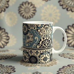 Create a packaging design for a mug inspired by batik from Indonesia, with a focus on cream color