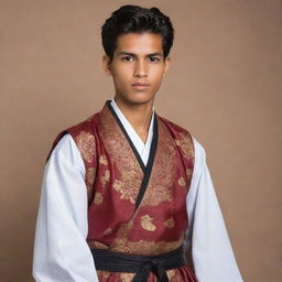 A handsome young scholar in traditional clothing, carrying a sword, ready for battle, embodying both wisdom in his faith and courage in the face of conflict.