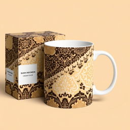 Create a packaging design for a mug inspired by batik from Indonesia, with a focus on cream color