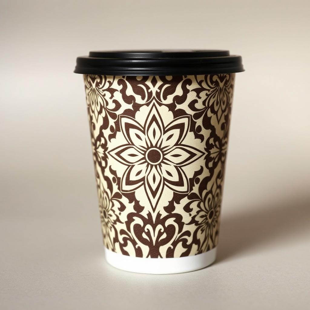 Create a packaging design for a cup inspired by batik from Indonesia, with a focus on cream color