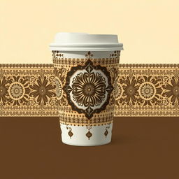 Create a packaging design for a cup inspired by batik from Indonesia, with a focus on cream color