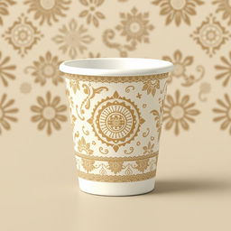 Create a packaging design for a cup inspired by batik from Indonesia, with a focus on cream color