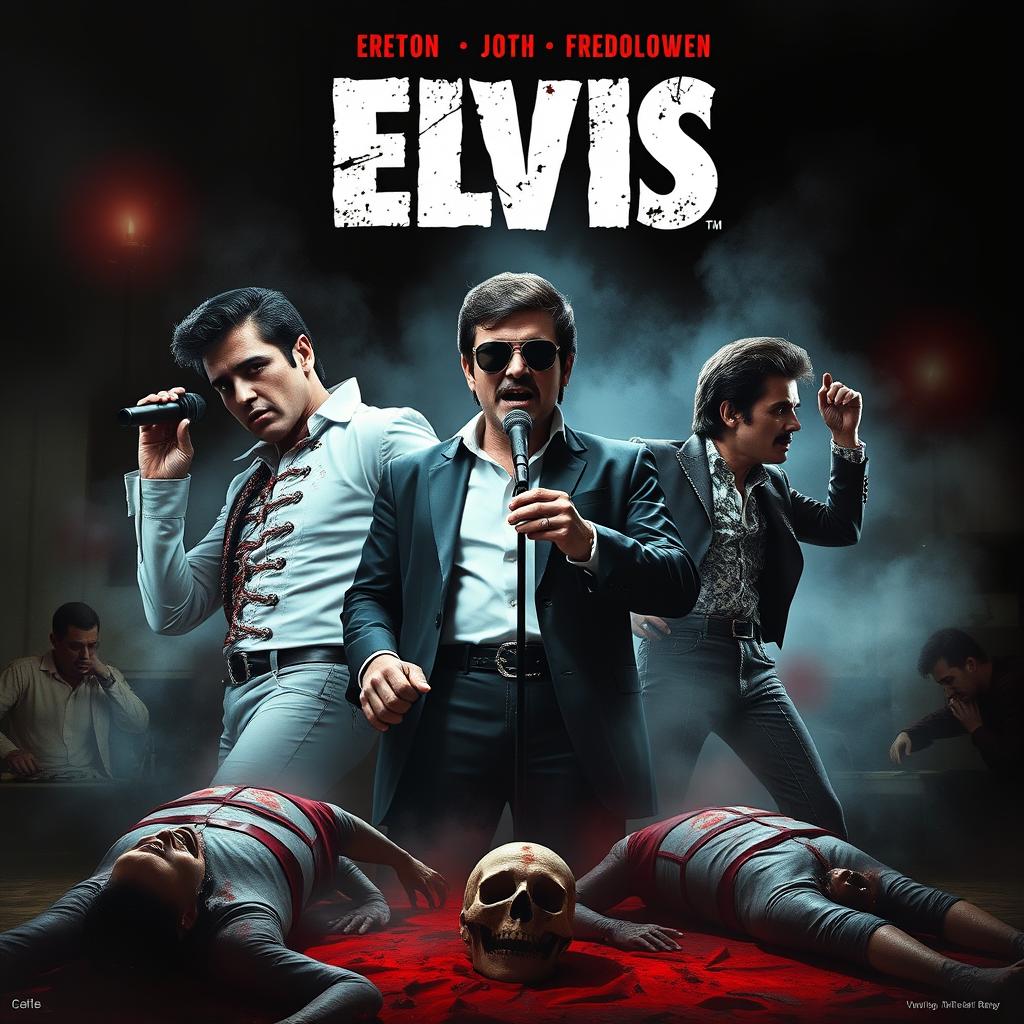 Create a horror movie poster featuring Elvis Presley, Elton John, and Freddie Mercury