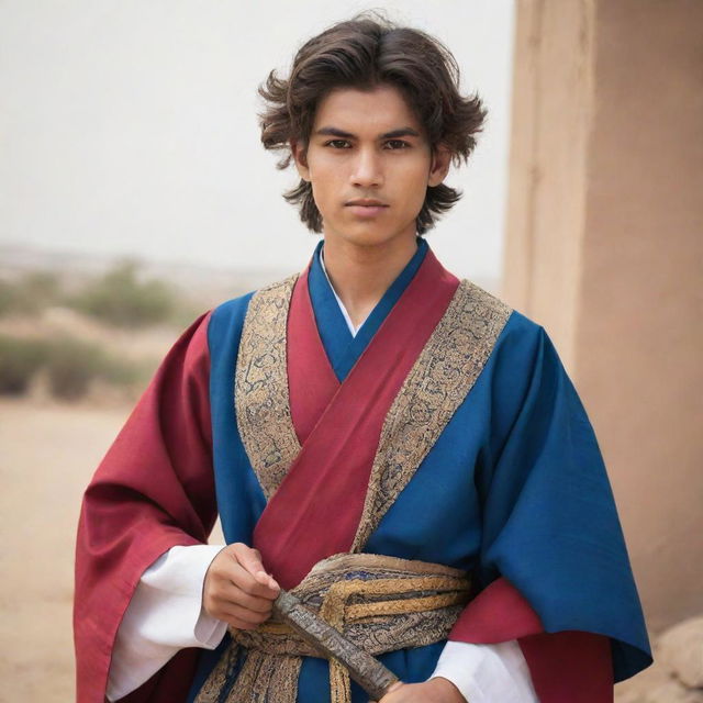 A handsome young scholar in traditional clothing, carrying a sword, ready for battle, embodying both wisdom in his faith and courage in the face of conflict.