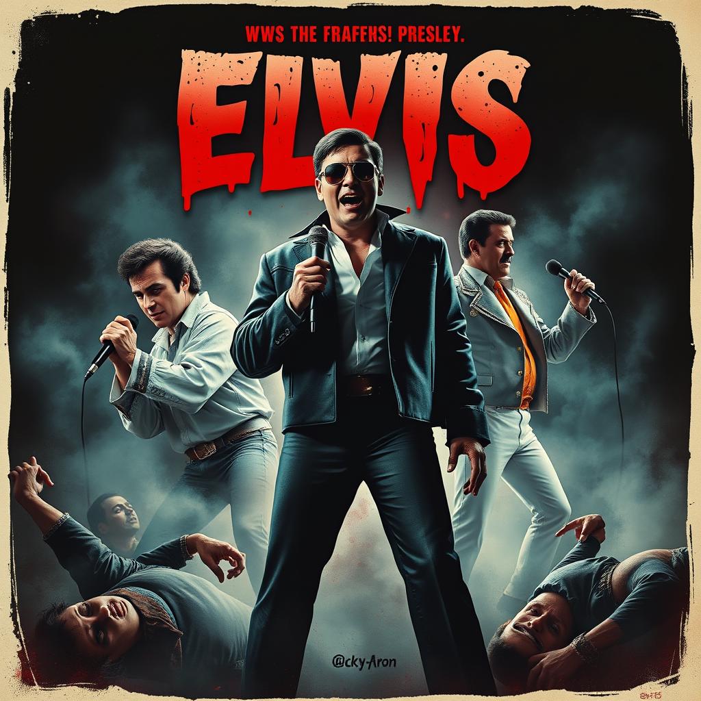 Create a horror movie poster featuring Elvis Presley, Elton John, and Freddie Mercury