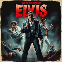 Create a horror movie poster featuring Elvis Presley, Elton John, and Freddie Mercury