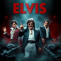 Create a horror movie poster featuring Elvis Presley, Elton John, and Freddie Mercury