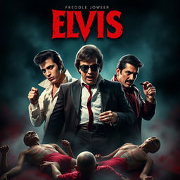 Create a horror movie poster featuring Elvis Presley, Elton John, and Freddie Mercury