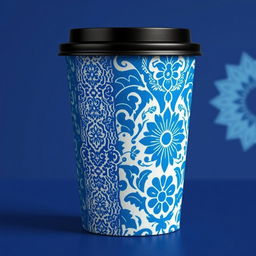 Create a packaging design for a cup inspired by batik from Indonesia, with a focus on blue color