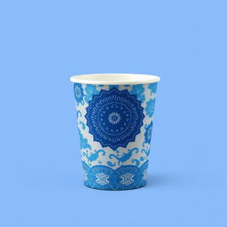 Create a packaging design for a cup inspired by batik from Indonesia, with a focus on blue color