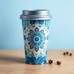 Create a packaging design for a cup inspired by batik from Indonesia, with a focus on blue color