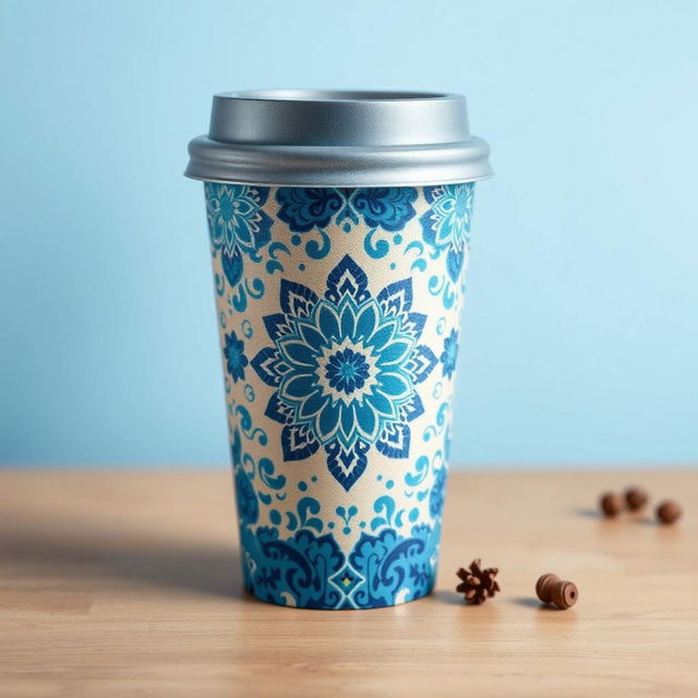 Create a packaging design for a cup inspired by batik from Indonesia, with a focus on blue color