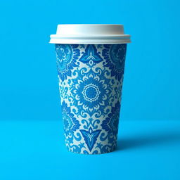 Create a packaging design for a cup inspired by batik from Indonesia, with a focus on blue color