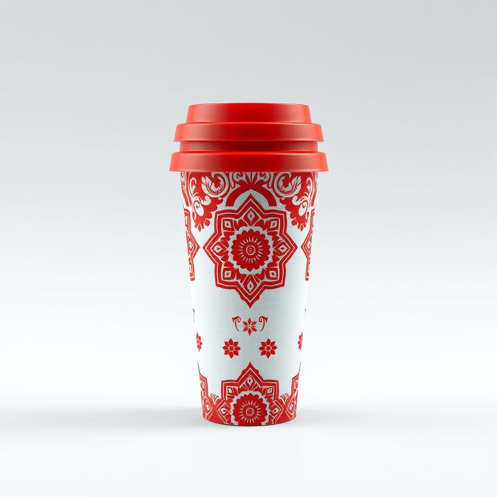 Create a packaging design for a cup inspired by batik from Indonesia, with a focus on red and white colors