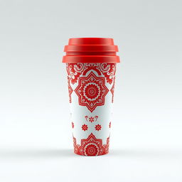 Create a packaging design for a cup inspired by batik from Indonesia, with a focus on red and white colors