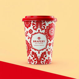 Create a packaging design for a cup inspired by batik from Indonesia, with a focus on red and white colors