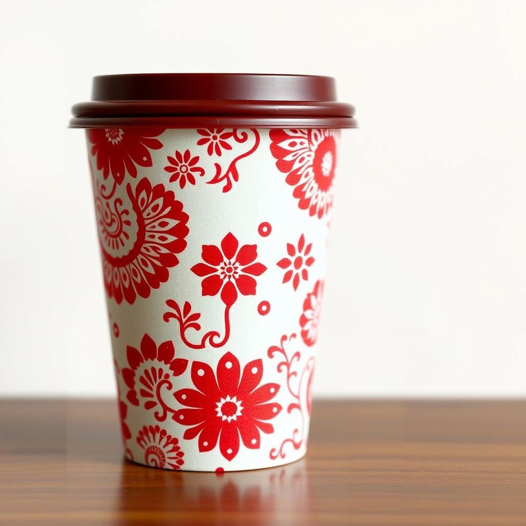 Create a packaging design for a cup inspired by batik from Indonesia, with a focus on red and white colors