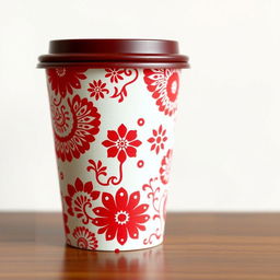 Create a packaging design for a cup inspired by batik from Indonesia, with a focus on red and white colors