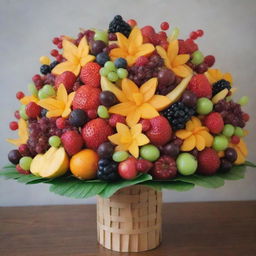 An elaborate bouquet made entirely of edible elements such as fresh fruits, gourmet chocolates, and delicious candies, beautifully arranged with a variety of colors and textures.