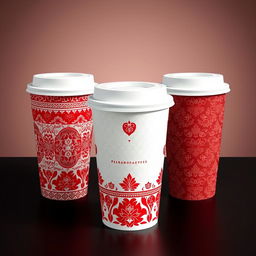 Create a packaging design for a cup inspired by batik from Indonesia, with a focus on red and white colors