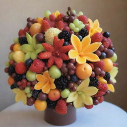 An elaborate bouquet made entirely of edible elements such as fresh fruits, gourmet chocolates, and delicious candies, beautifully arranged with a variety of colors and textures.