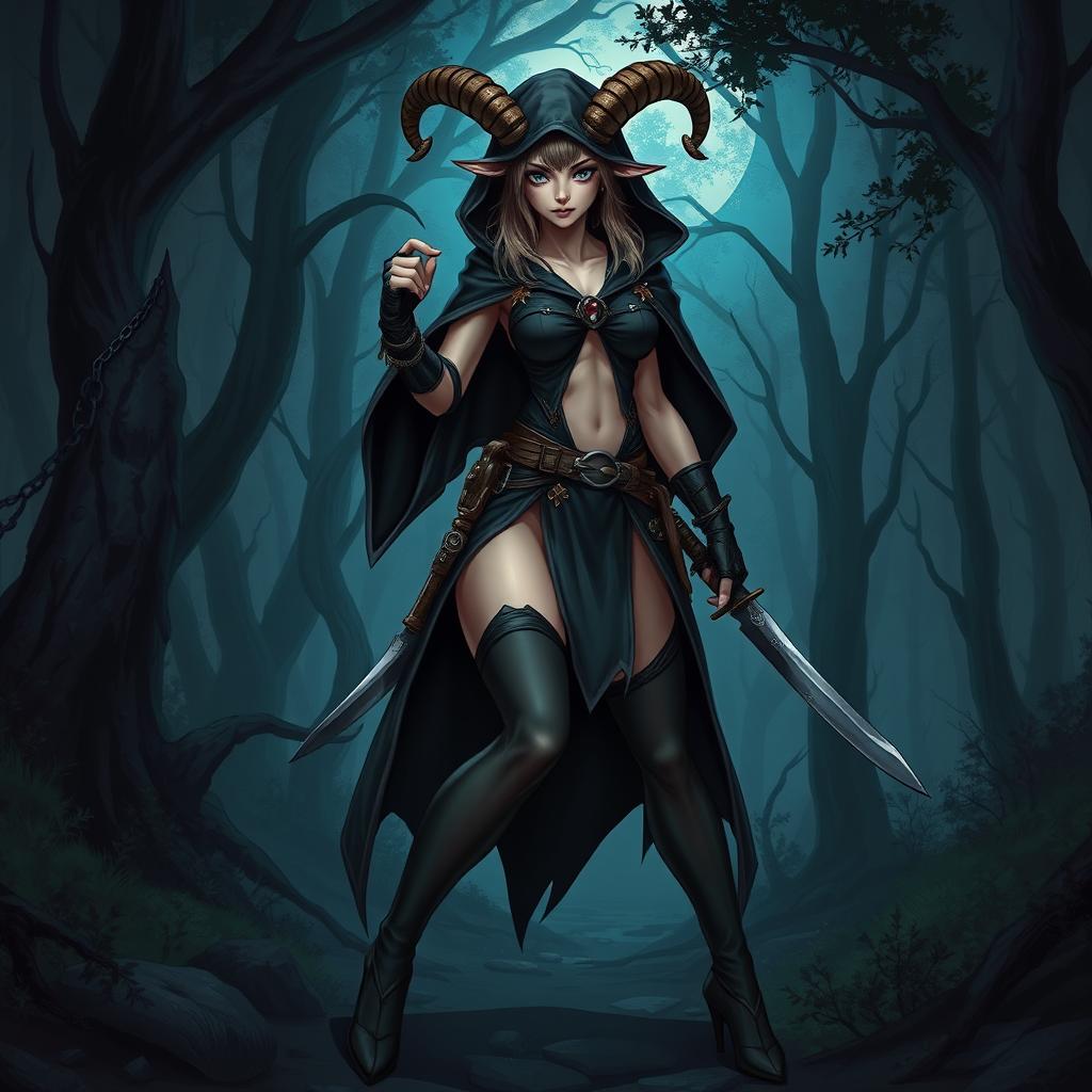 A detailed illustration of a female satyr assassin