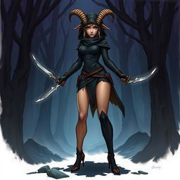 A detailed illustration of a female satyr assassin