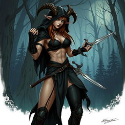 A detailed illustration of a female satyr assassin