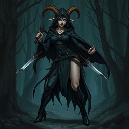 A detailed illustration of a female satyr assassin