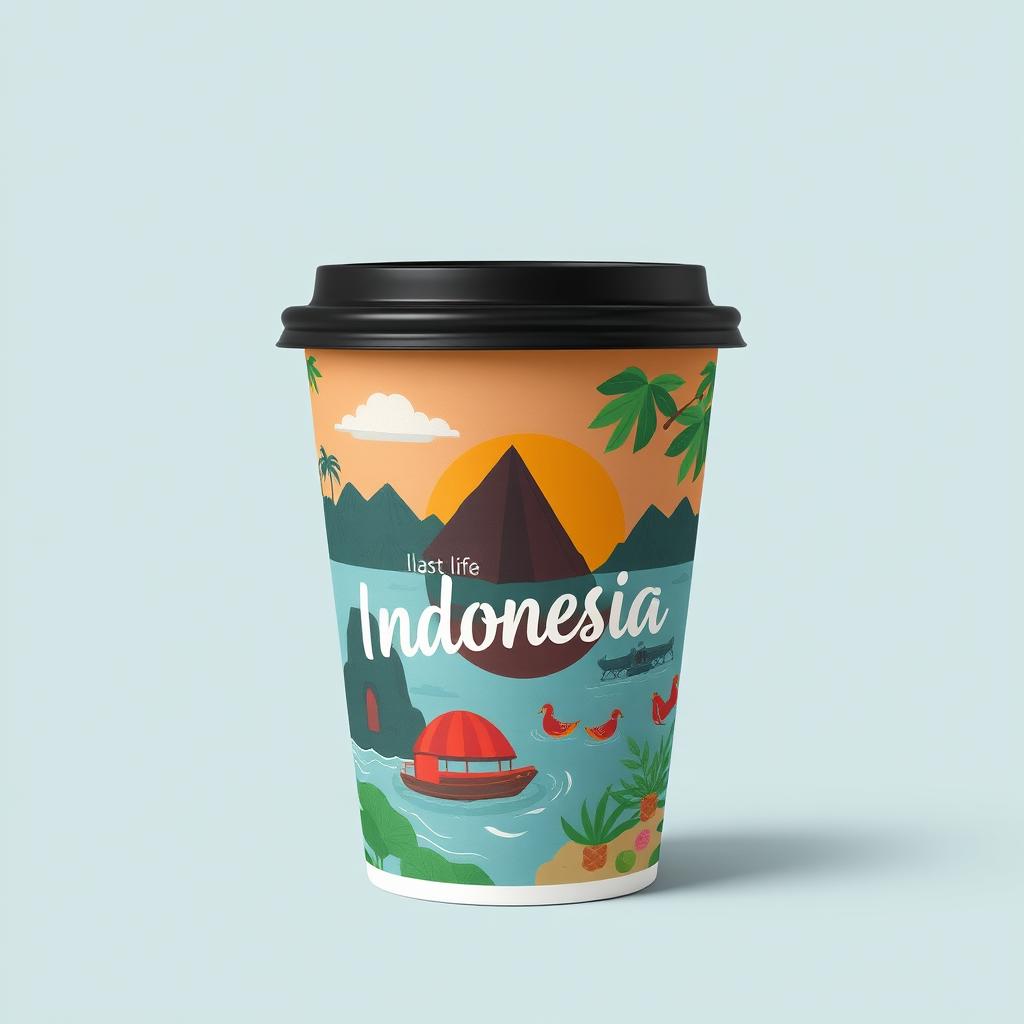 Create a packaging design for a cup inspired by an island in Indonesia