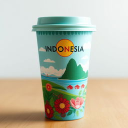 Create a packaging design for a cup inspired by an island in Indonesia