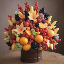 An elaborate bouquet made entirely of edible elements such as fresh fruits, gourmet chocolates, and delicious candies, beautifully arranged with a variety of colors and textures.