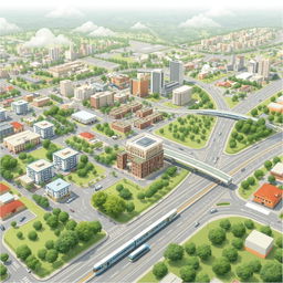 A detailed illustration of land use and transportation planning, showcasing various types of buildings, green spaces, roads, and public transportation systems