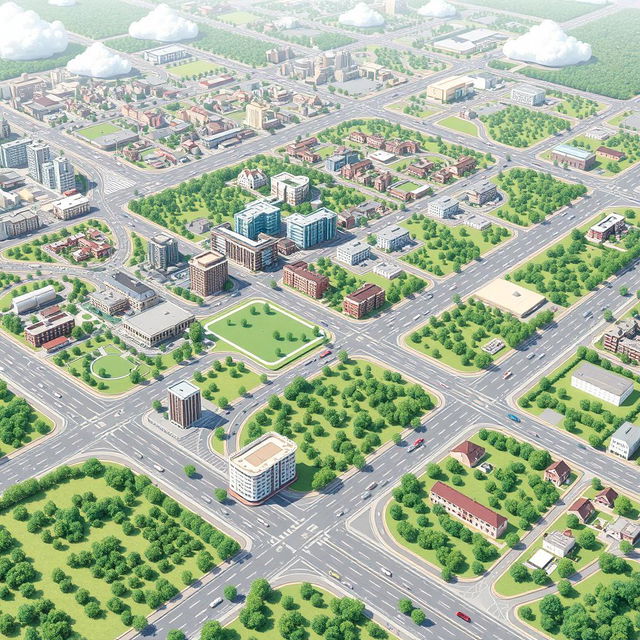 A detailed illustration of land use and transportation planning, showcasing various types of buildings, green spaces, roads, and public transportation systems