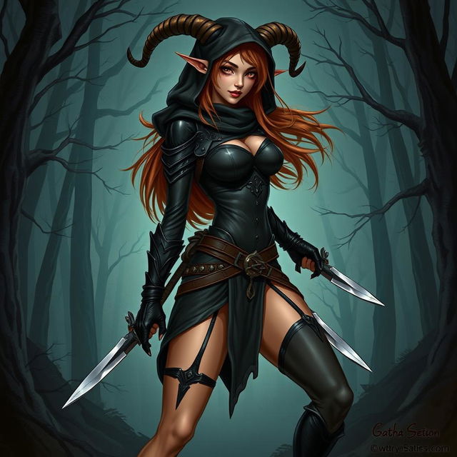 A detailed illustration of a female satyr assassin with brown hair