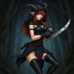 A detailed illustration of a female satyr assassin with brown hair