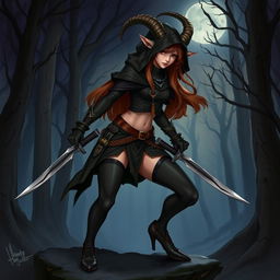 A detailed illustration of a female satyr assassin with brown hair