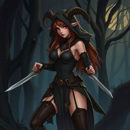 A detailed illustration of a female satyr assassin with brown hair