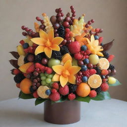 An elaborate bouquet made entirely of edible elements such as fresh fruits, gourmet chocolates, and delicious candies, beautifully arranged with a variety of colors and textures.