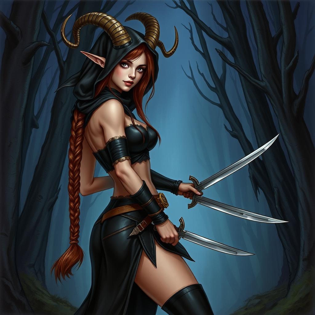 A detailed illustration of a female satyr assassin with braided brown hair