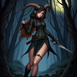 A detailed illustration of a female satyr assassin with braided brown hair