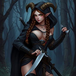 A detailed illustration of a female satyr assassin with braided brown hair